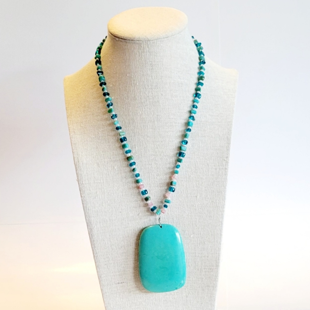 Handmade Turquoise Blue Dyed Howlite Statement Necklace with Magnetic Closure.